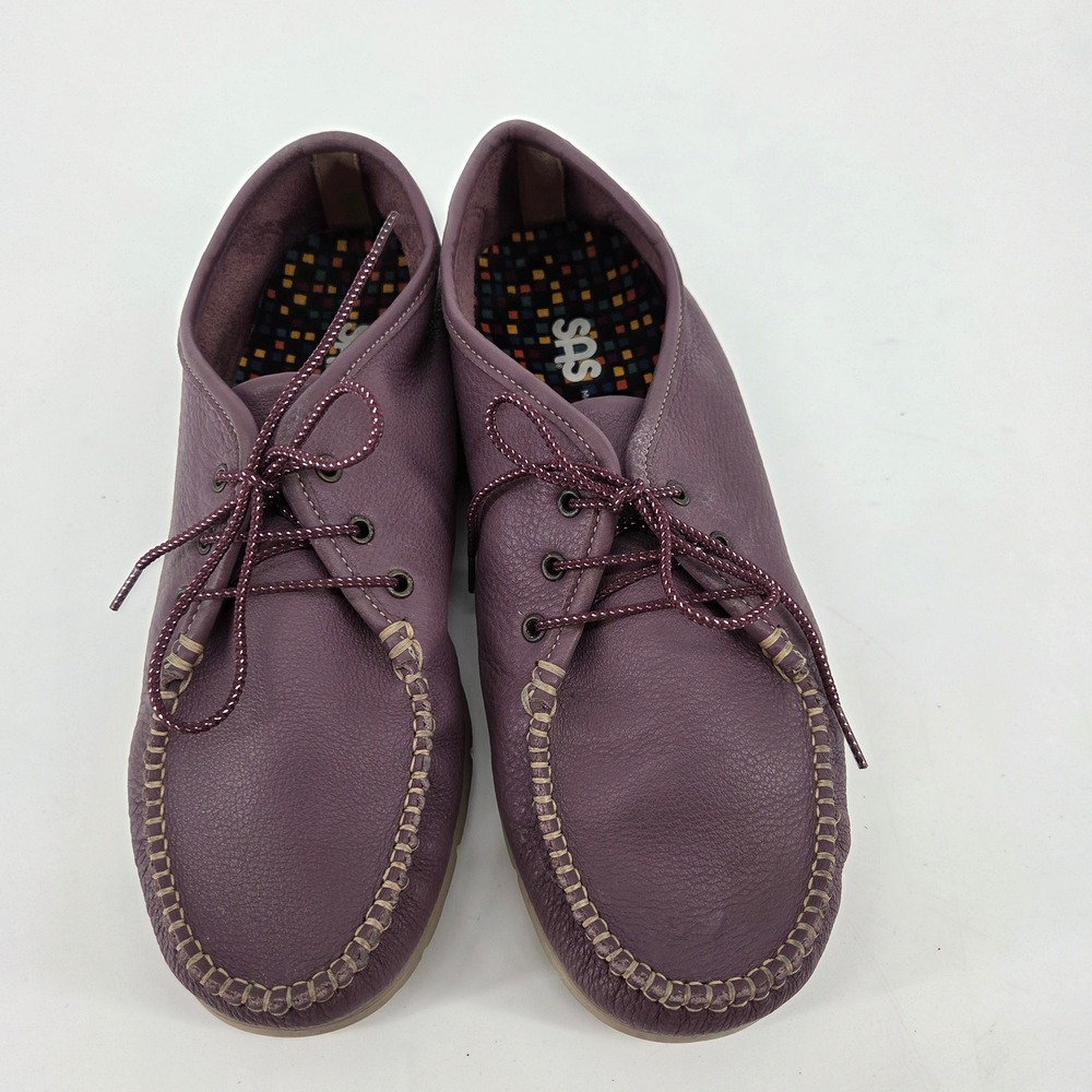SAS Womens Plum Purple Pebbled Leather Lace Up Moc Toe Loafers Made in USA 9W